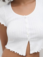 100% Cotton Pointelle U-neckline Floral Lettuce Trim Short Sleeve Top