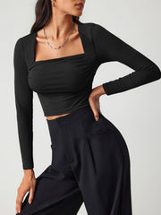 Square Neck Ruched Long Sleeve Top