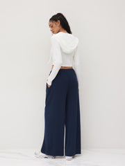 Hooded Solid Top & Mid Rise Pocket Wide Leg Trousers Set