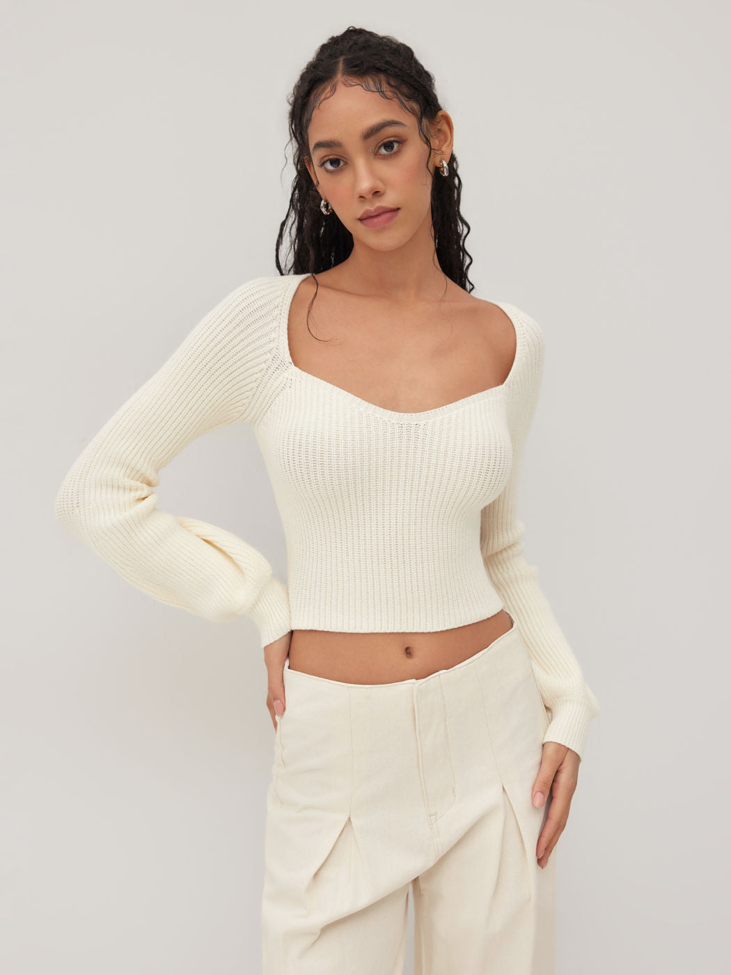 Knit V-neck Solid Lantern Sleeve Crop Top