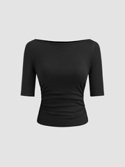 Boat Neck Ruched Middle Sleeve Tee & Stretch High Waist Wide Leg Jeans