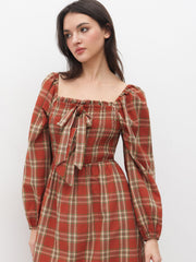 100% Cotton Tartan Bowknot Shirred Midi Dress
