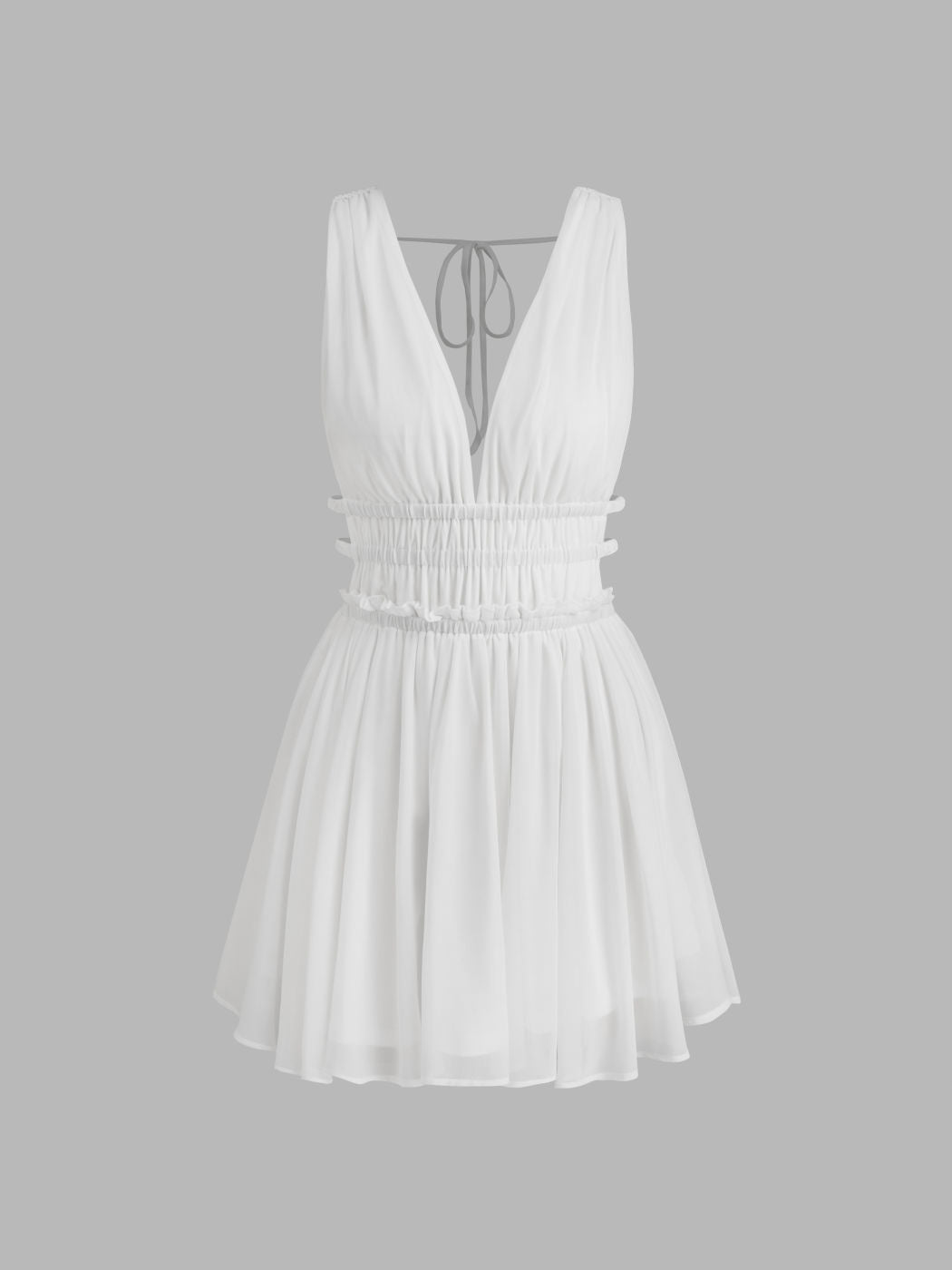 V-neck Knotted Shirred Mini Dress
