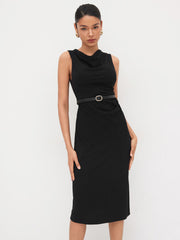Cowl Neck Ruched Midi Dress With Belt