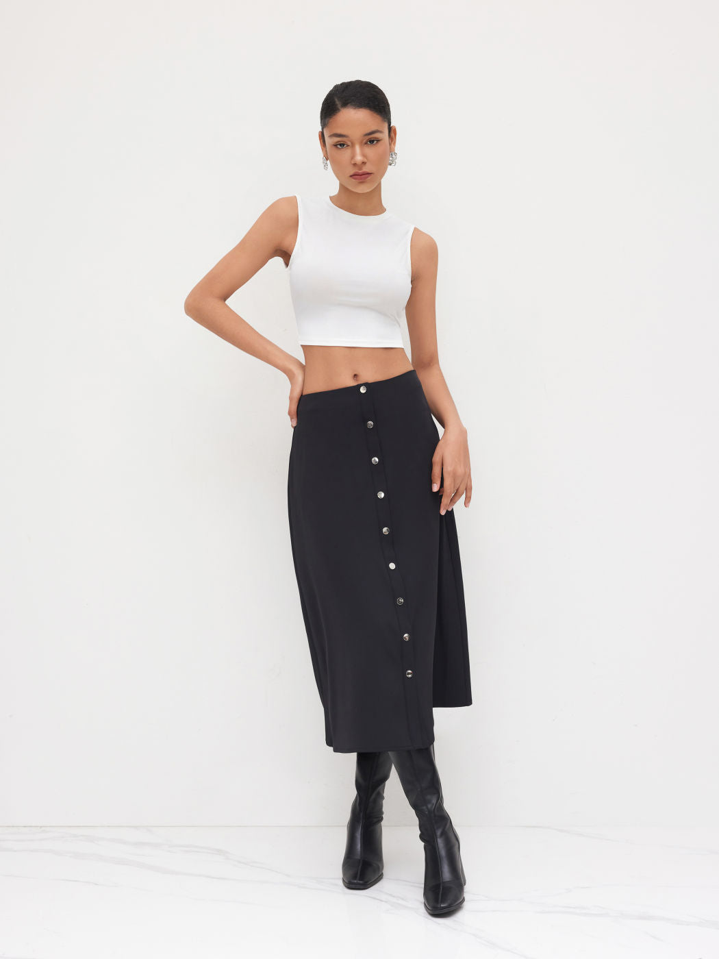 Round Neckline Tank Top & Mid Rise Button Maxi Skirt