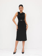 Cowl Neck Ruched Midi Dress With Belt
