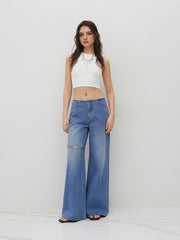 Denim Low Rise Ripped Raw Trim Baggy Jeans