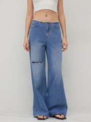 Denim Low Rise Ripped Raw Trim Baggy Jeans