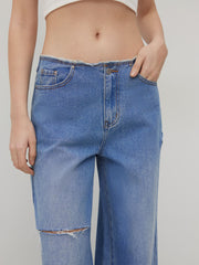 Denim Low Rise Ripped Raw Trim Baggy Jeans