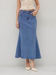 High Stretch Cider Denim Mid Rise Mermaid Maxi Skirt