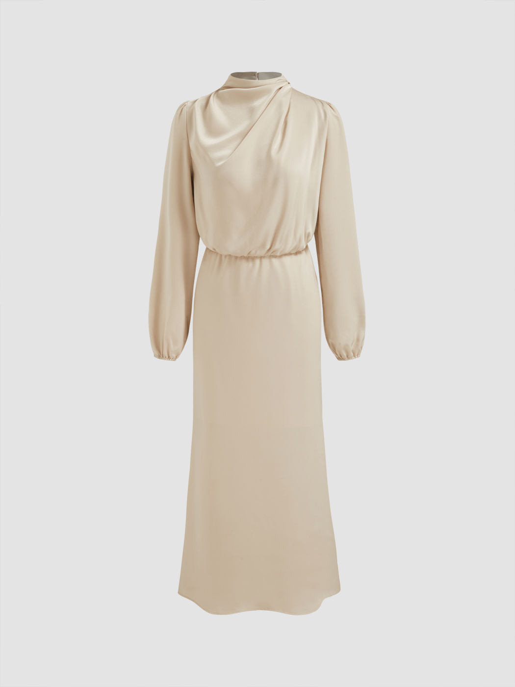 Stand Collar Solid Ruched Long Sleeve Maxi Dress