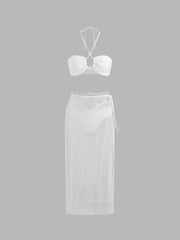 V-neck Cut Out Beaded Halter Cheeky Bikini Set With Sarong