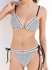 V-neck Gingham Bowknot Triangle Tie Side Bikini Set