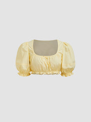 100% Cotton Bowknot Lettuce Trim Puff Sleeve Crop Top