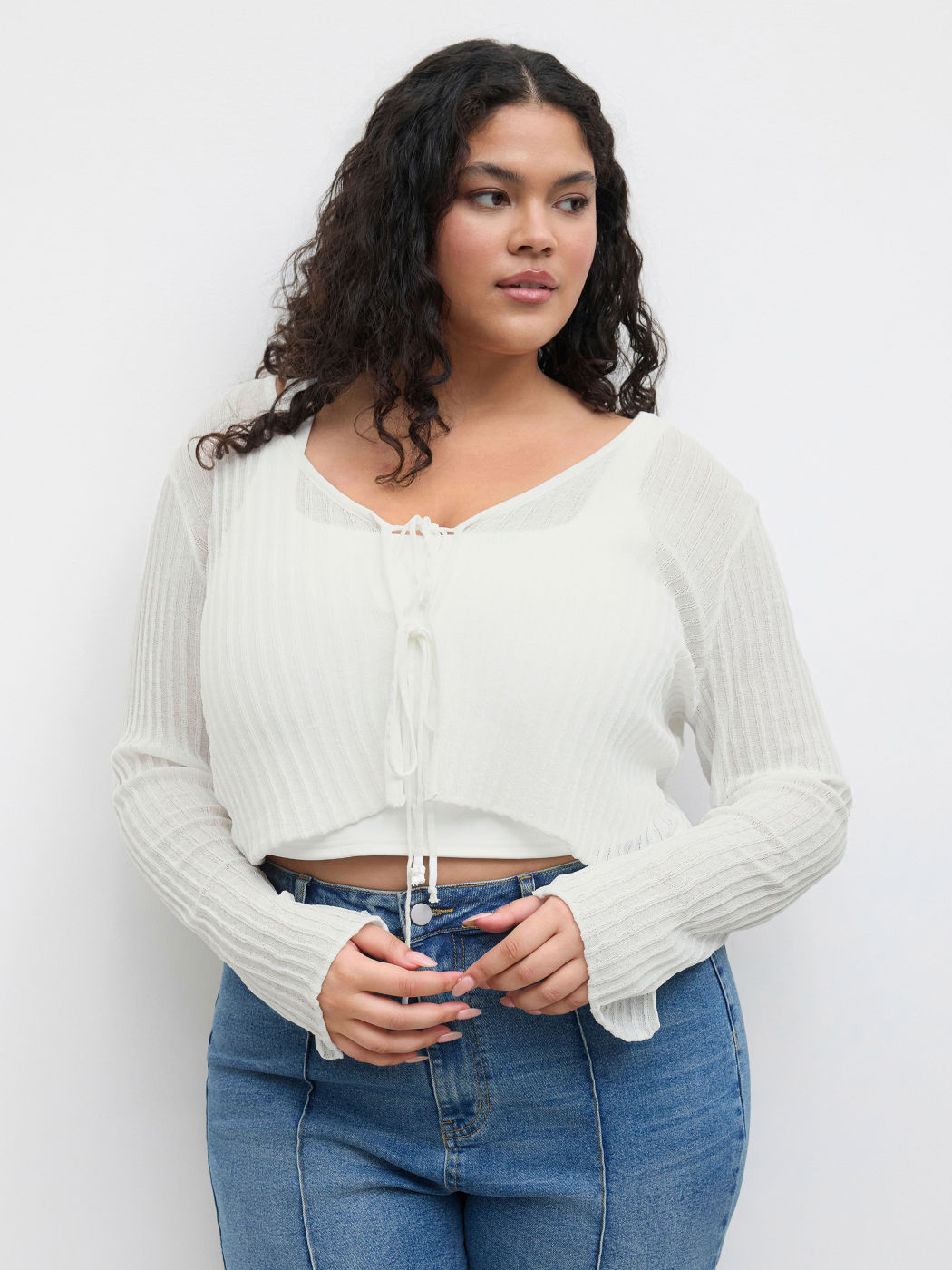 Solid Texture Knotted Cardigan Curve & Plus