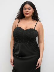 Satin Sweetheart Lace Split Ruffle Hem Corset Maxi Dress Curve & Plus
