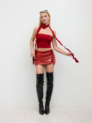 Bandeau Top With Rosette Scarf & Sequin Mini Skirt Set