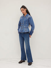 Denim Double Breasted Curved Hem Jacket