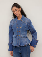 Denim Double Breasted Curved Hem Jacket