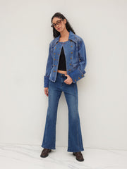 Denim Double Breasted Curved Hem Jacket