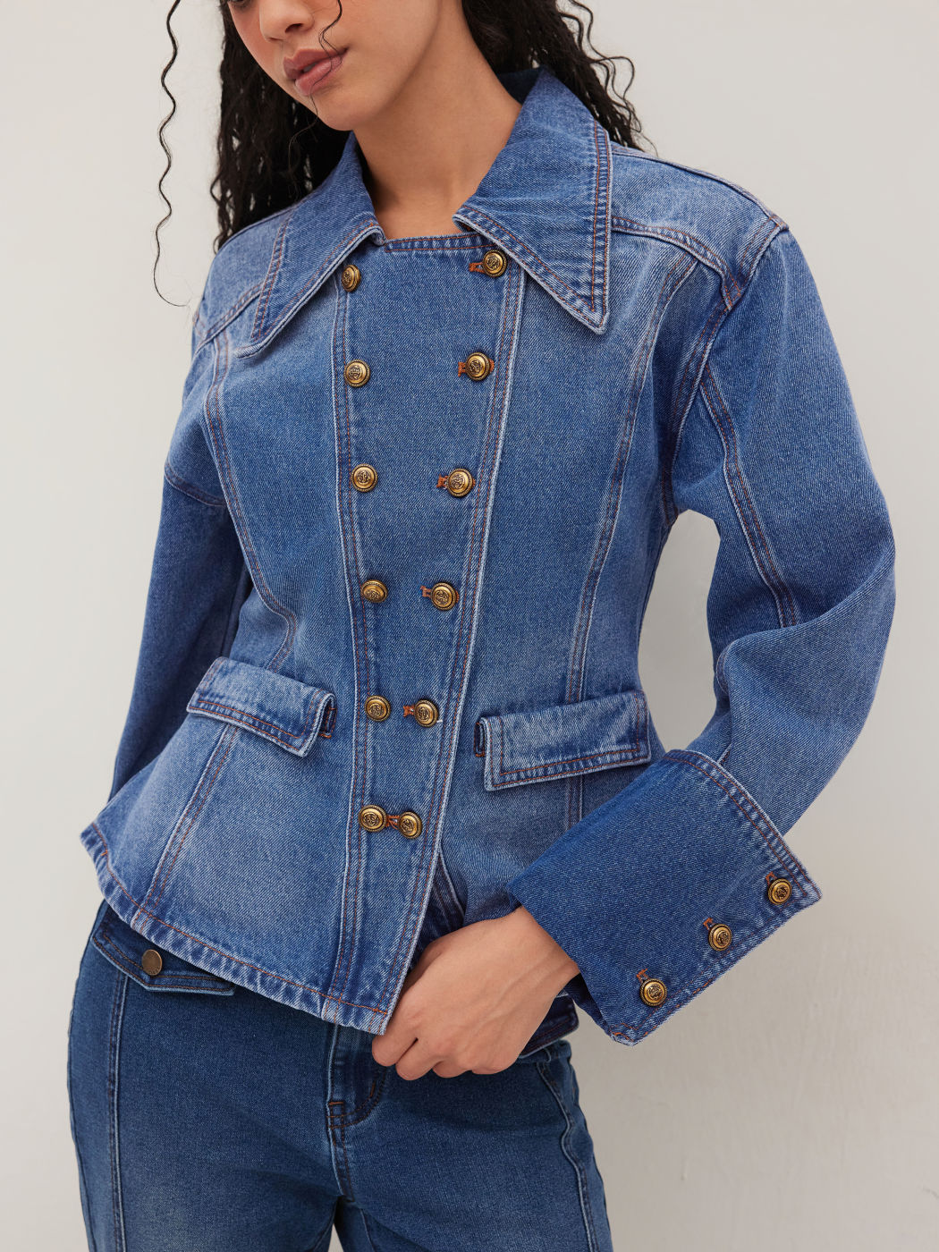 Denim Double Breasted Curved Hem Jacket