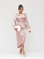 Satin Asymmetrical Neck Ruched Split Maxi Dress