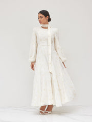 Round Neckline Crochet Floral Ruffle Maxi Dress With Scarf