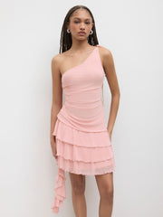 Mesh Asymmetrical Neck Solid Layered Ruffle Hem Mini Dress