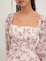 Square Neckline Floral Shirred Mini Dress