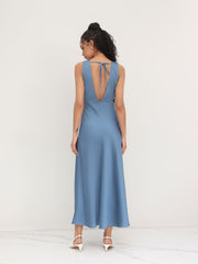 Satin V-neck Faux Pearl Ruffle Backless Maxi Dress