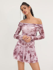 Mesh Off-shoulder Floral Ruched Ruffle Mini Dress