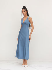 Satin V-neck Faux Pearl Ruffle Backless Maxi Dress