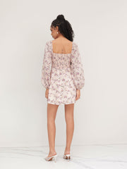 Square Neckline Floral Shirred Mini Dress