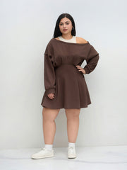 Terry Asymmetrical Neck Ruffle Hem Mini Dress Curve & Plus