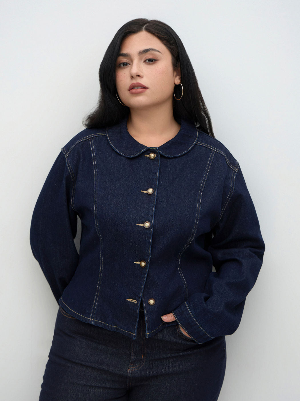 Denim Collar Cinched Waist Jacket Curve & Plus