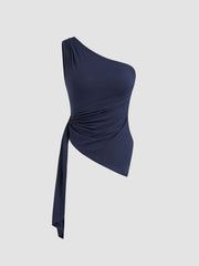 Asymmetrical Neck Ruched Tank Top & Cotton-blend Mid Rise Stripe Elastic Waist Straight Leg Trousers