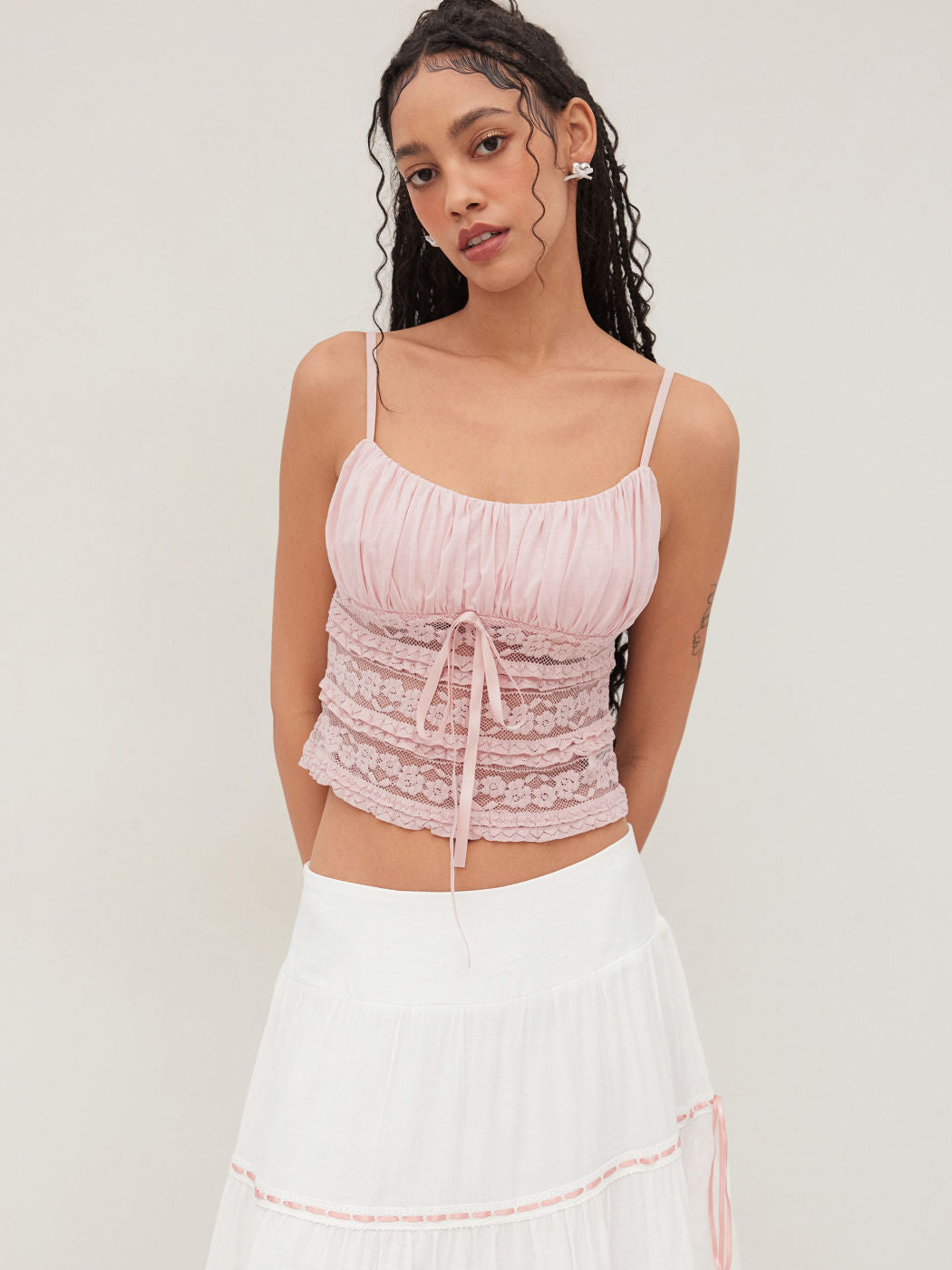 Lace Lettuce Trim Knotted Cami Top