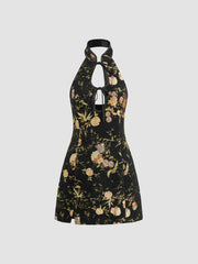 Jacquard Halter Neckline Floral Cut Out Tie Front Mini Dress & FAUX PATENT LEATHER MARY JANE PUMPS