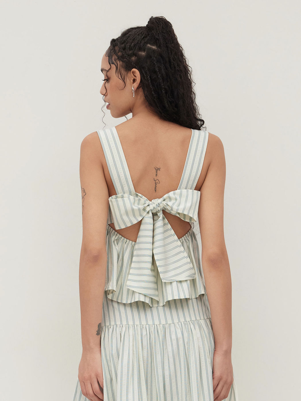 Cotton-blend Striped Bow Ruffle Cami Top