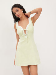 Cotton Sweetheart Neckline Lace Trim Tie Front Bow Mini Dress