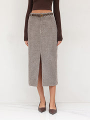 Cotton-blend Mid Rise Houndstooth Maxi Skirt With Belt