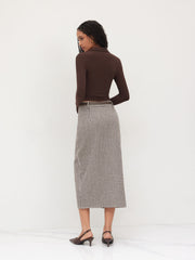 Cotton-blend Mid Rise Houndstooth Maxi Skirt With Belt