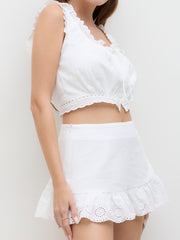 Cotton Broderie Anglaise Trim Tank Crop Tank Top & Mid Rise Mini Skirt Set