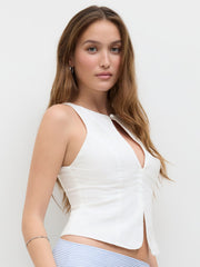 Linen-blend Boat Neck Cut Out Tank Top