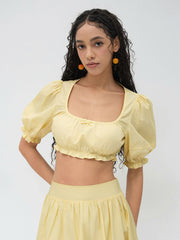 100% Cotton Bowknot Lettuce Trim Puff Sleeve Crop Top