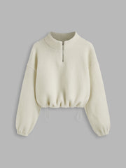 Fleece High Neck Solid Drawstring Zipper Sweatshirt