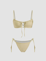 Square Neck Drawstring Cut Out Bracelet Cheeky Bikini Set
