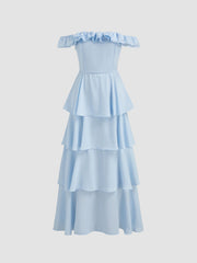 Off-shoulder Ruffle Layered Shirred Maxi Dress