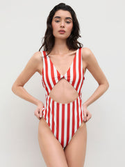 Shaping V-neck Stripe Cut Out One Piece Swimsuit