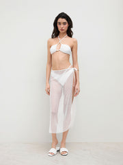 V-neck Cut Out Beaded Halter Cheeky Bikini Set With Sarong